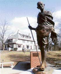 A life-size statue of Mahatma Gandhi greets visitors to the sanctuary