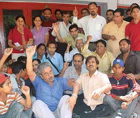 Members of the Theatre Age protest at the Tagore Theatre, Sector 18, Chandigarh