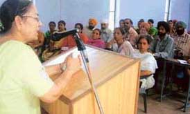 Principal Usha Sidhu addresses teachers during a training programme at GITC, Ludhiana, on Sunday