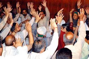 A scene of the Pradesh Congress Committee meeting held at the state Congress office in Shimla on Monday.