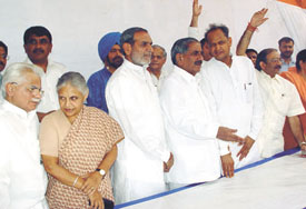 R.K. Anand, Chief Minister Sheila Dikshit, Sajjan Kumar, R. K. Dhawan, Ashok Gahlot and DPCC president Rambabu Sharma at Delhi Pradesh Congress Committee meeting, to nominate Sonia Gandhi for the post of Congress president, at DPCC Office in the Capital
