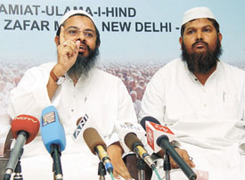 Jamaiat-Ulama-i-Hind leaders Mahmood Madni and Abdul Hamid Naomani addressing a press conference on the Muslim rights and their rally to be held on May 28 in the Capital on Tuesday