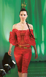 A model presents an outfit by Kazakhstan designer Aynur Auezova at the Almaty Fashion Week during the annual event in Kazakhstan's commercial capital on Saturday.