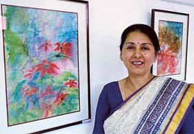 Nirmala Singh with her work at an exhibition in Sector-11, Chandigarh