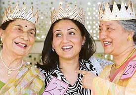 Ms Rhyme (till 50 years) flanked by Ms Sheel Chopra (60 and above) (left) and Ms Renu Ohri (50 to 60 years), who have been declared winners in their respective categories at the May Queen Contest held at the Central Club, Sector 9, Chandigarh, on Tuesday.