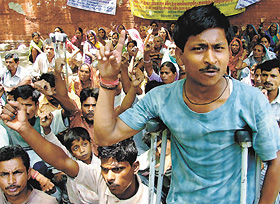 The disabled under the banner of Vikas Viklang Kalyan Sangh, sitting on dharna for their demands like government service, house and reservation, at Jantar Mantar in the Capital on Tuesday
