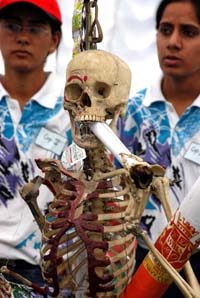 A skeleton depicting death is displayed at an awareness camp