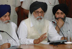Mr Parkash Singh Badal, President, SAD, addresses a press conference in Jalandhar on Tuesday.