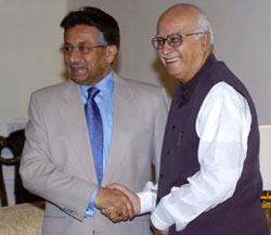 Pakistani President Gen Pervez Musharraf with Mr L.K. Advani in Rawalpindi on Tuesday