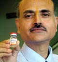 Dinar A. Kumar of the Human Biological Institute shows equine rabies immunolobulin (AnhayRIG) for the prevention of rabies during its launch in Hyderabad on Wednesday.