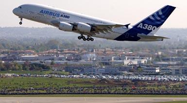 The first super-jumbo Airbus A380 conducts runway tests at the Toulouse-Blagnac airport in southwestern France in this file photo.