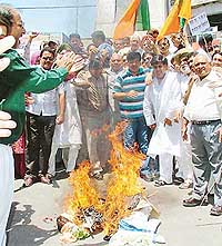 BJP activists burn an effigy of the Chief Minister, Punjab, in protest against power and water shortage in Ludhiana on Wednesday. 