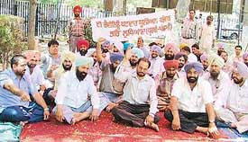 Members of the Revenue Patwar Union hold a dharna in front of the Deputy Commissioners office in Ludhiana on Wednesday. 
