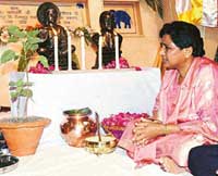 BSP President Mayawati offers prayers at the inaugration of the Bahujan Samaj Prerna Kendra in Lucknow on Friday.