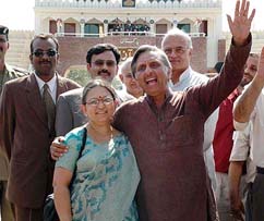 Petroleum Minister Mani Shankar Aiyar and his sister at the Wagah joint checkpost after crossing over to Pakistan on Saturday. The minister today began his historic visit to Pakistan amidst US pressure on New Delhi and Islamabad to shelve plans to import natural gas from Iran through a $ 4.16 billion pipeline.