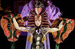 A model presents a creation East by Belarus designer Evgeny Zaraiski