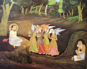 Hazrat Ibrahim visited by angels. Detail from a late Mughal painting; ca. 1750.