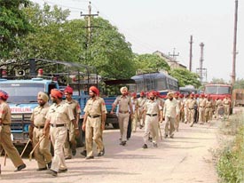 Flag march being carried out by the Ludhiana police in select areas of the city on Sunday