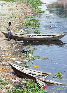 A man stands on the banks of the polluted Yamuna while a youngster takes a swim on World Environment Day in New Delhi on Sunday.