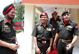 The GOC-in-C, Western Command, Lieut-Gen S. Pattabhiraman, with the GOC, Kharga Corps, Lieut-Gen KDS Shekhawat (right) and other officers on the inaugural day of the Senior Officers Study Week in Subathu on Monday