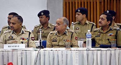 Senior Indian police officers listen to a speaker (not in the picture) at the third conference of Directors-General of Police in Srinagar on Monday. 
