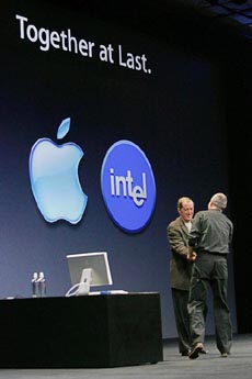 Apple Computer Inc CEO Steve Jobs (right) shakes hands with Intel Corp CEO Paul Otellini at Apples Worldwide Developers Conference in San Francisco on Monday. 