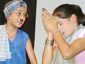 Artistes performs a skit at Prachin Kala Kendra organised by the National Theatre Arts Society, Patiala