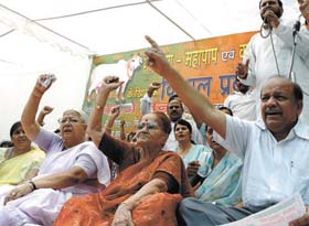 BJP president Harshavardhan along with party activists protesting against cow slaughter at Jantar Mantar in the Capital