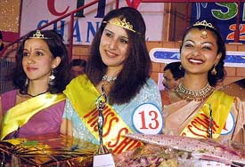 Miss Shimla Sherry Mehta (middle) flanked by first runner-up Ms Babita (left) and second runner-up Ms Sugandha (right) in Shimla on Monday.