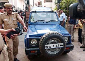 A Maruti Gypsy of Mansoor Ali Khan Pataudi being taken away from his Vasant Vihar residence by a special police team from Haryana in New Delhi on Tuesday.