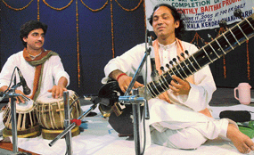 Jalandhar-based Manu Kumar Seen performs on the sitar with Abhinav Verma on the tabla at Pracheen Kala Kendra, Sector-35, in Chandigarh on Wednesday. 