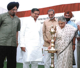 Delhi Chief Minister Sheila Dikshit at a function to lay the foundation stone of a multi-speciality hospital run by Fortis Healthcare in Shalimar Bagh in the Capital. Delhi Health Minister Yoganand Shastri and Sajjan Kumar, MP, are also seen in the picture. 