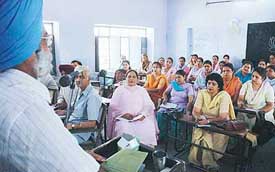 Teachers attend seminar organised by Education For All at Government High School, Salem Tabri, Ludhiana, on Wednesday. 