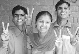 Three of the eight hearing and speech impaired children at the Jai Durga Deaf and Handicapped Children Welfare Centre, Sector 27, who recently passed their Class X Punjab School Education Board examination.
