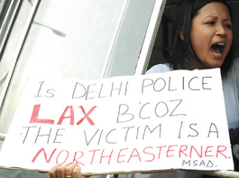 A Manipuri student protesting against the Dhaula Kuan rape case outside the Police Headquarters in the Capital 