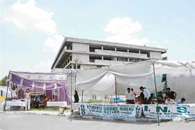 Tents put up by various student organisations outside the Administration Block, Panjab University, Chandigarh