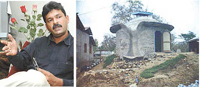 Nilesh J. Gupte (left) with the structure that promises to provide cheap and environment-friendly housing for the people of Hut Bay in Andaman and Nicobar Islands. 