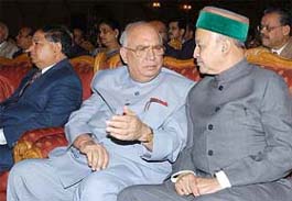 From left: Mr V.K. Gupta, Chief Justice, Himachal Pradesh High Court, Dr H.R. Bhardwaj, Union Law Minister, and Mr Virbhadra Singh, Chief Minister, at the All-India Law Ministers and Law Secretaries Conference in Shimla