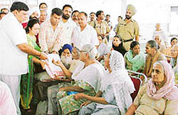 Parliamentary Secretary Surinder Dawar hands over pension papers to the elderly at a function in Ludhiana on Saturday. 