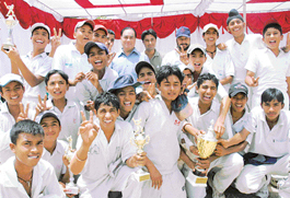 Jubilant cricket players of DAV Senior Secondary School, Sector 8, Chandigarh, who won the inter-school under-15 tournament on Sunday.
