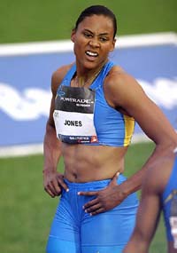 US sprinter Marion Jones reacts after running in the womens 100m sprint during the Galatletica competition at the Tecnologico stadium in Mexico
