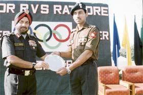 Olympic silver medal winner Lieut-Col (then Major) R.V.S. Rathore being presented a silver salver by the Army Chief Gen (then Lieut-Gen) J.J. Singh