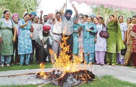 Government employees burn an effigy of the Punjab Government at Mini-Secretariat in Ludhiana on Monday