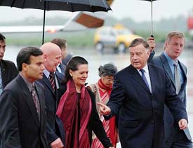 Congress President and UPA Chairperson Sonia Gandhi is received by Russian Deputy Foreign Minister Alexander Saltanov and Deputy Railway Minister Vladimir Yakunin on her arrival at the VVIP Vnukovo-2 airport in Moscow on Monday 