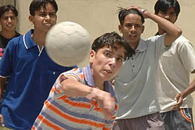 A player from GSSS, Mani Majra, in action during a dodgeball match against City Club at Manav Mangal School in Chandigarh on Tuesday.