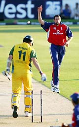 Englands Stephen Harmison celebrates after taking the wicket of Australias Glenn McGrath during their Twenty20 international cricket match at the Rose Bowl in Southampton on Monday