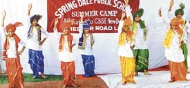 Students of Spring Dale School perform bhangra on the concluding day of the summer camp in Ludhiana on Wednesday