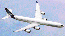 An Airbus A340 flies at the Paris Air Show in Le Bourget, near Paris, on Thursday