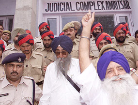 Mr Simranjit Singh Mann, president, SAD (A), coming out of the judicial court complex in Amritsar on Friday.