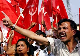 Activists belonging to seven political parties shout anti-monarch slogans in Kathmandu on Friday